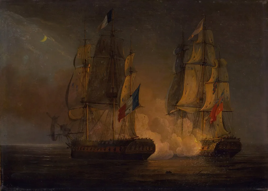Engagement Between Hms Amelia And French Frigate Larethuse Off The Isles Of Loss 1813 by Thomas Whitcombe - Canvas Print