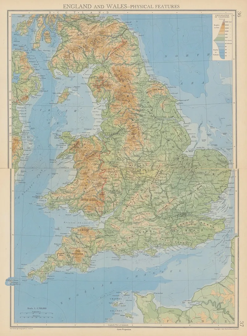 England And Wales Physical Features by John George Bartholomew - Canvas Print