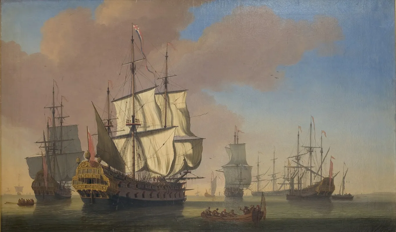 English Warships In A Roadstead In Calm Weather by Jan Karel Donatus van Beecq - Canvas Print