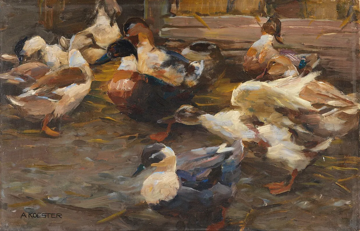 Enten Vor Dem Stall by Alexander Koester - Canvas Print