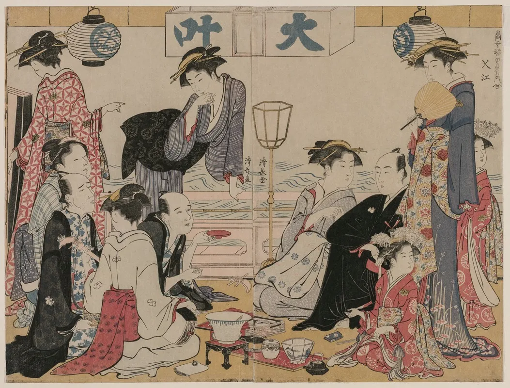 Entertainment On A Balcony By The Water At Nakasu From The Series A Collection Of Beautiful Modern Women Of The Pleasure Quarters by Torii Kiyonaga - Canvas Print