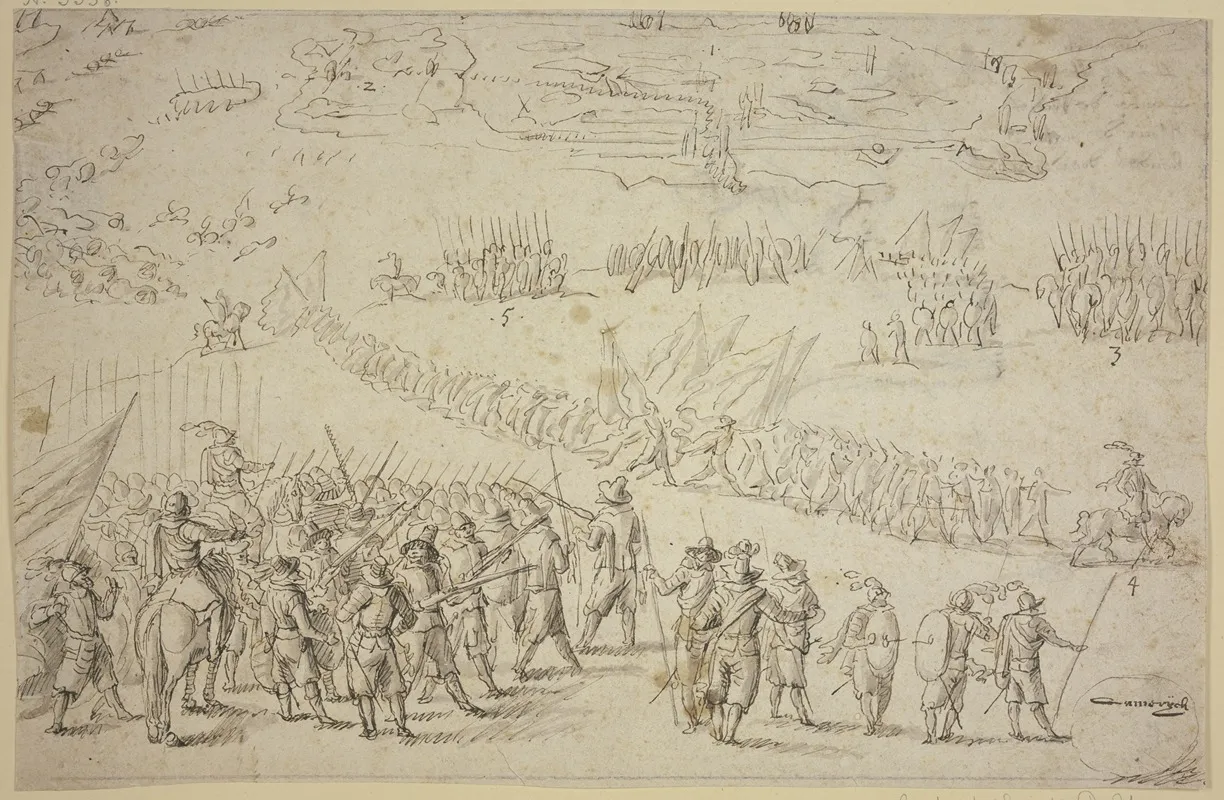 Entwurf Zu Einer Belagerung Vorne Links Halten Zwei Befehlshaber In Der Mitte Von Schutzen Im Hintergrunde Sind Kanonen Aufgepflanzt Und Ein Zug Infanterie by Robert van den Hoecke - Canvas Print