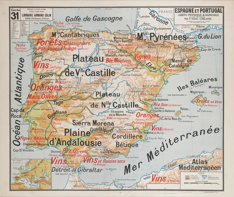 Espagne Et Portugal Carte Physique Agricole 2 by Paul Vidal de La Blache - Canvas Print
