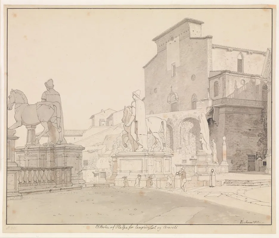 Et Parti Af Piazza Del Campidoglio Set Mod Balustraden Med Dioskurerne Og Kirken S Maria In Aracoeli