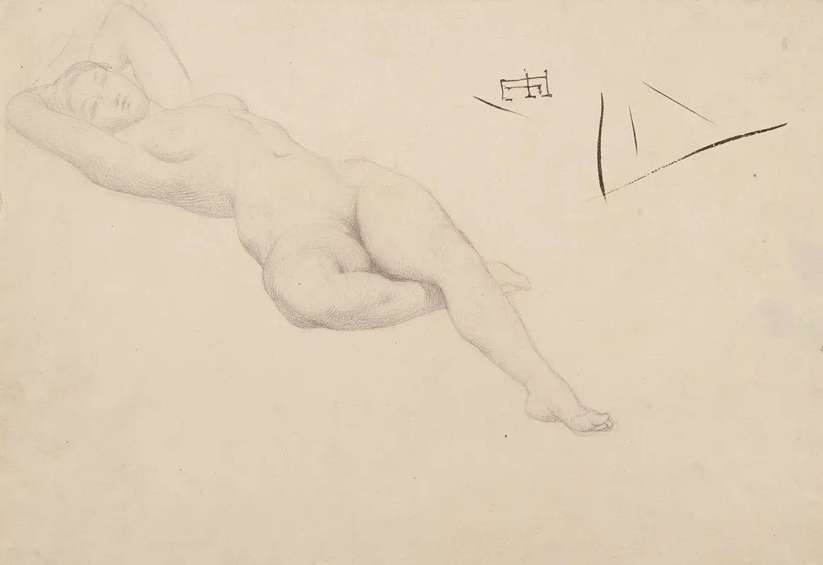 Etude De Femme Nue Couchee Les Mains Derriere La Tete by François Emile Ehrmann - Canvas Print