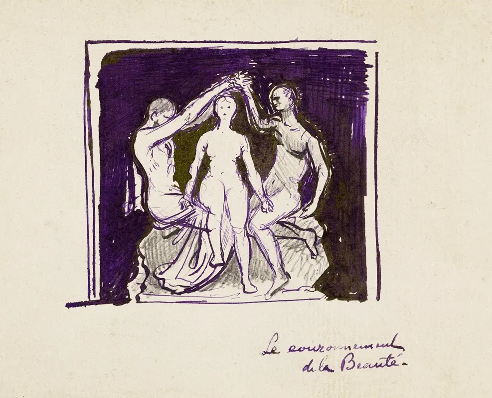 Etude Dune Femme Nue Entouree De Deux Hommes Nus Levant Les Bras Au Dessus De Sa Tete