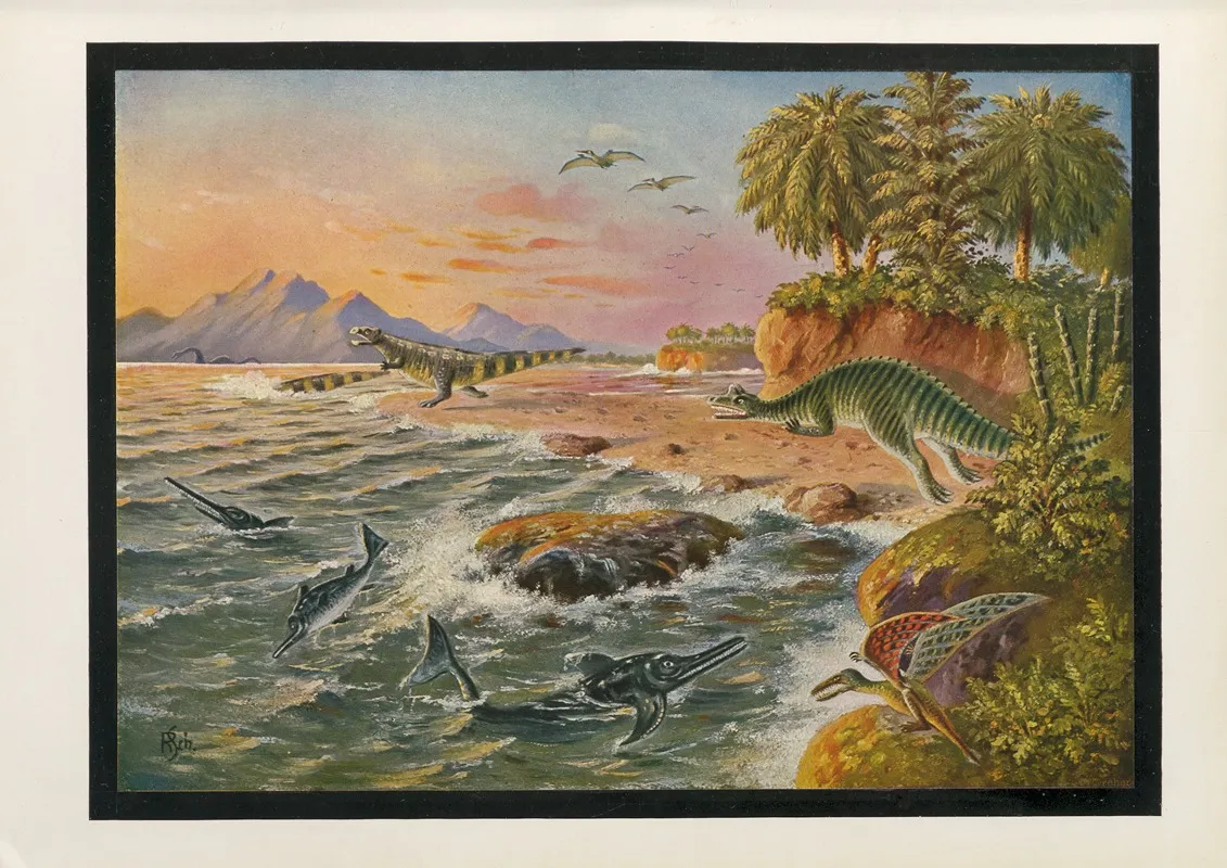 Europaische Landschaft Zur Beginnenden Krei Deperiode Der Erde Mit Vorzeitlichen Reptilien by Konrad Guenther - Canvas Print