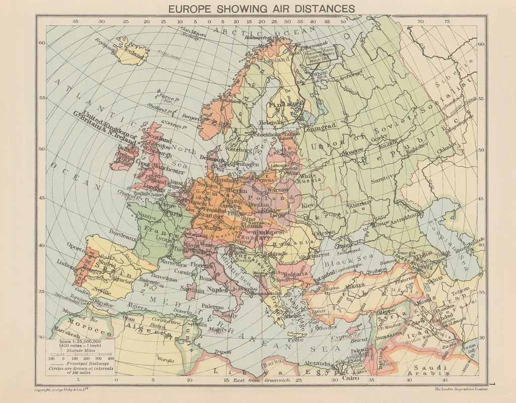 Europe ‎showing‎ ‎air Distances by London Geographical Institute - Canvas Print