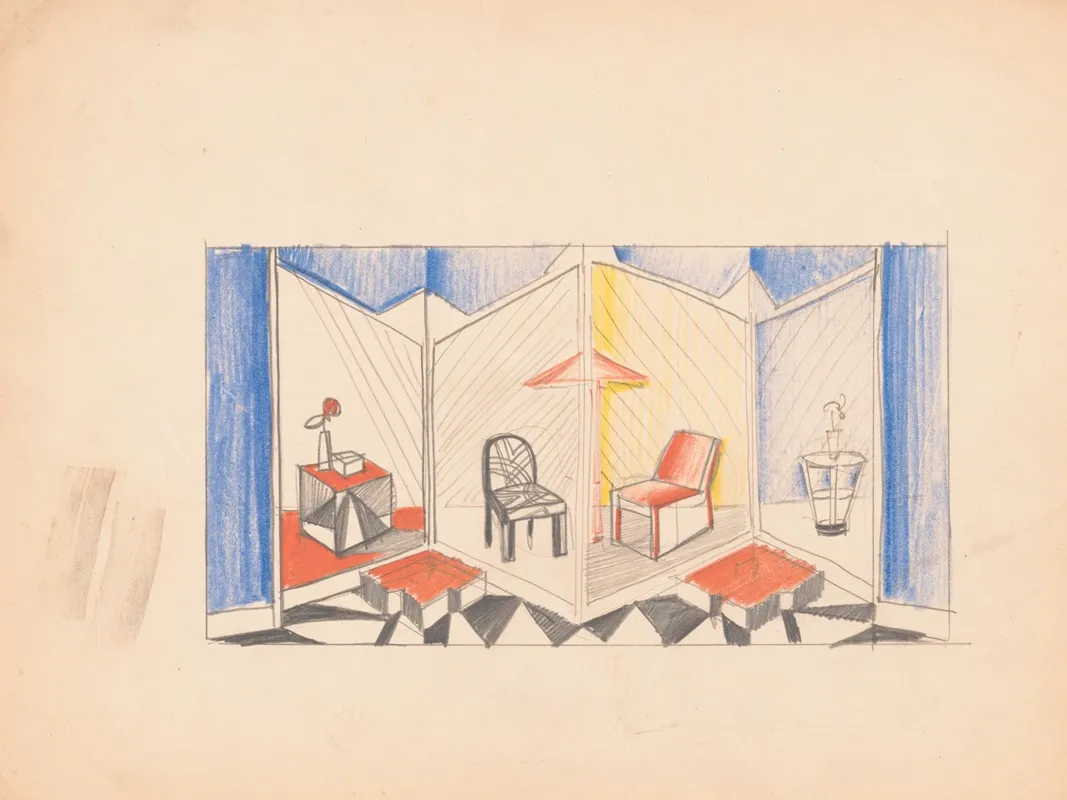Exhibit Design With Stage In Form Of Folding Screen Sketch Of Exhibit With Modern Chairs And Tables
