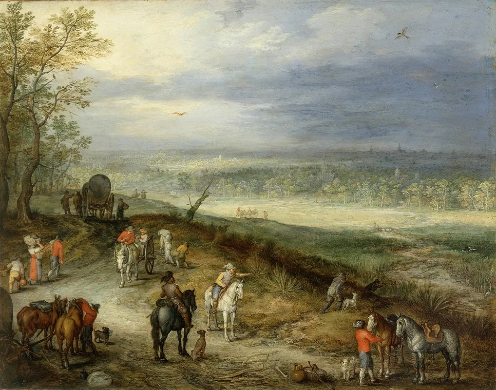 Extensive Landscape With Travellers On A Country Road