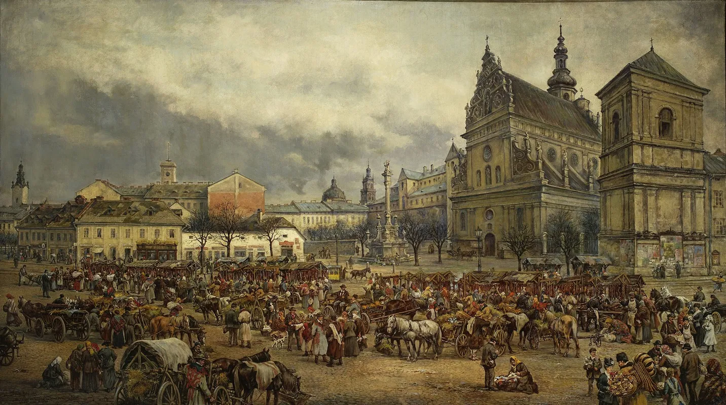Fair Before Easter At The Bernardine Square In Lviv In 1895 by Tadeusz Rybkowski - Canvas Print