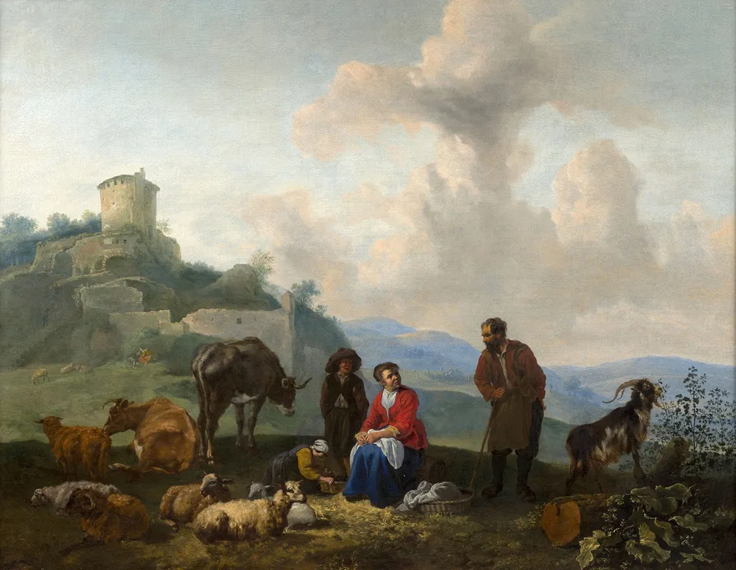 Famille De Bergers Au Pied De Ruines Antiques Et Famille De Bergers Au Bord Dune Riviere by Hendrick Mommers - Canvas Print