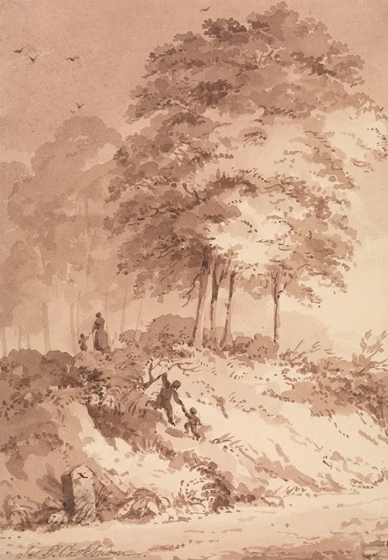 Family Walking In A Wood Child Being Helped To Clamber Up A Bank