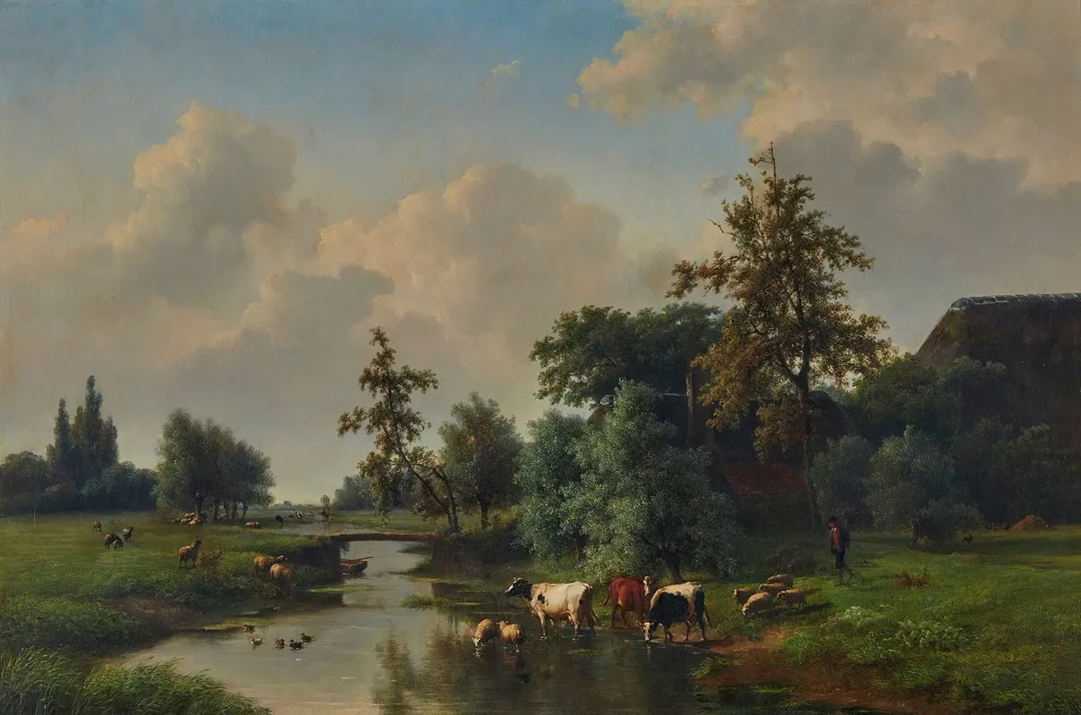 Farm Animals By A Stream by Eugène Joseph Verboeckhoven - Canvas Print