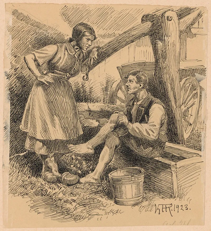 Farm Girl Wearing Clogs Talking To A Worker