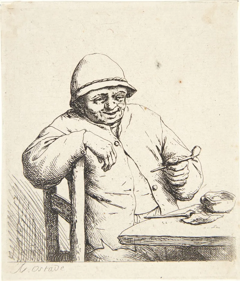 Farmer Sitting At A Table With A Pipe In His Hand
