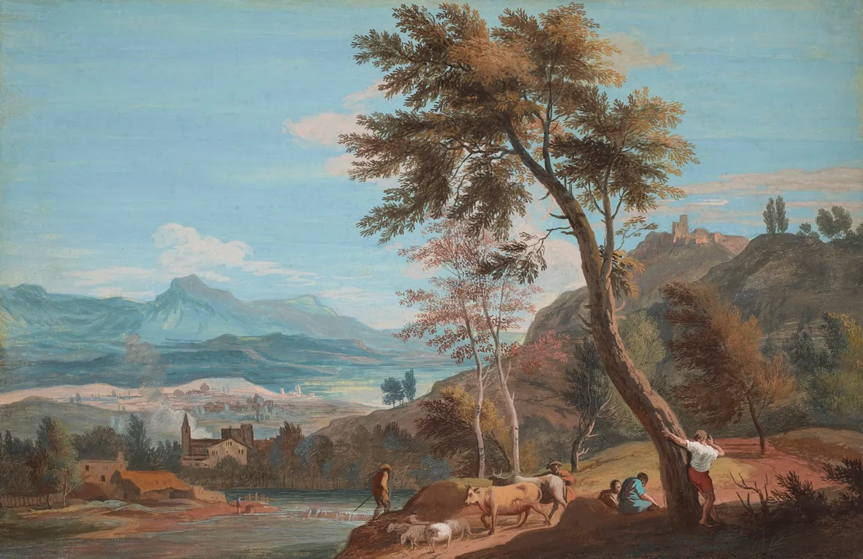 Farmers And Cattle By A River