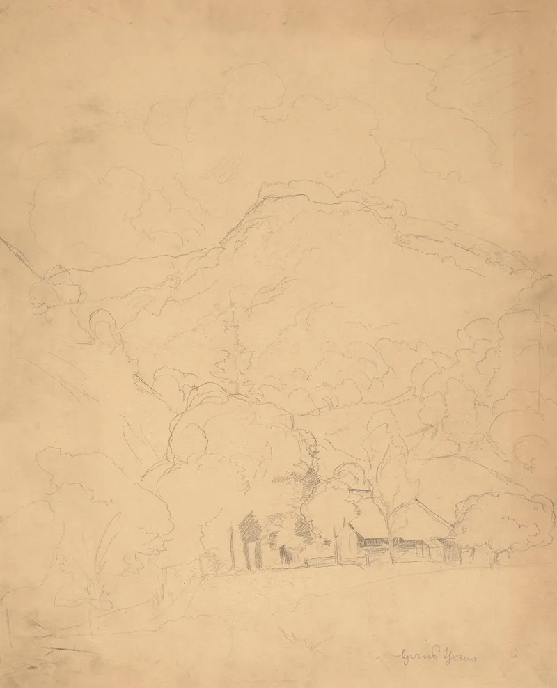 Farmhouse Among The Trees At The Foot Of A Mountain