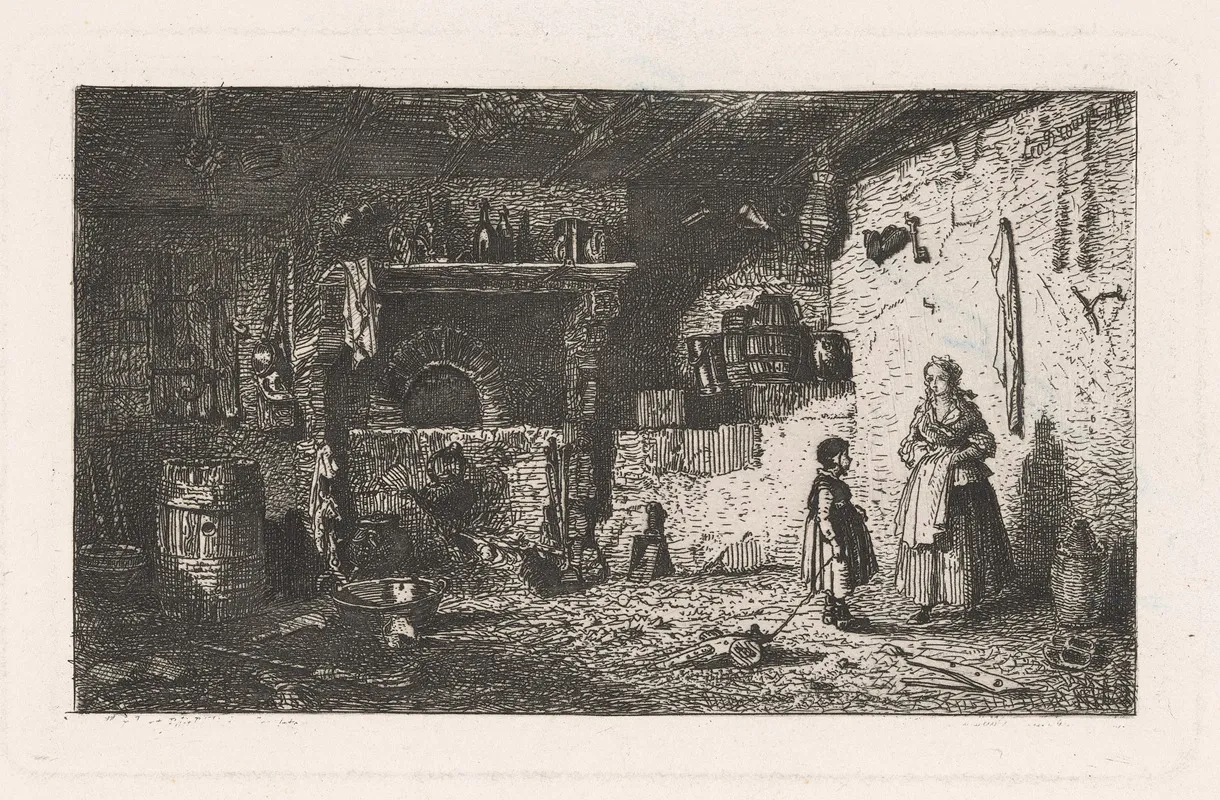 Farmhouse Interior With Mother And Daughter Near Raised Hearth