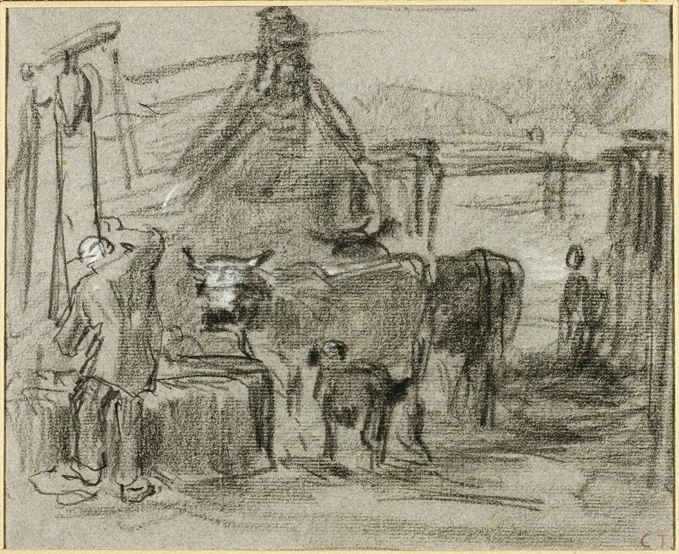 Farmyard With Man And Cattle
