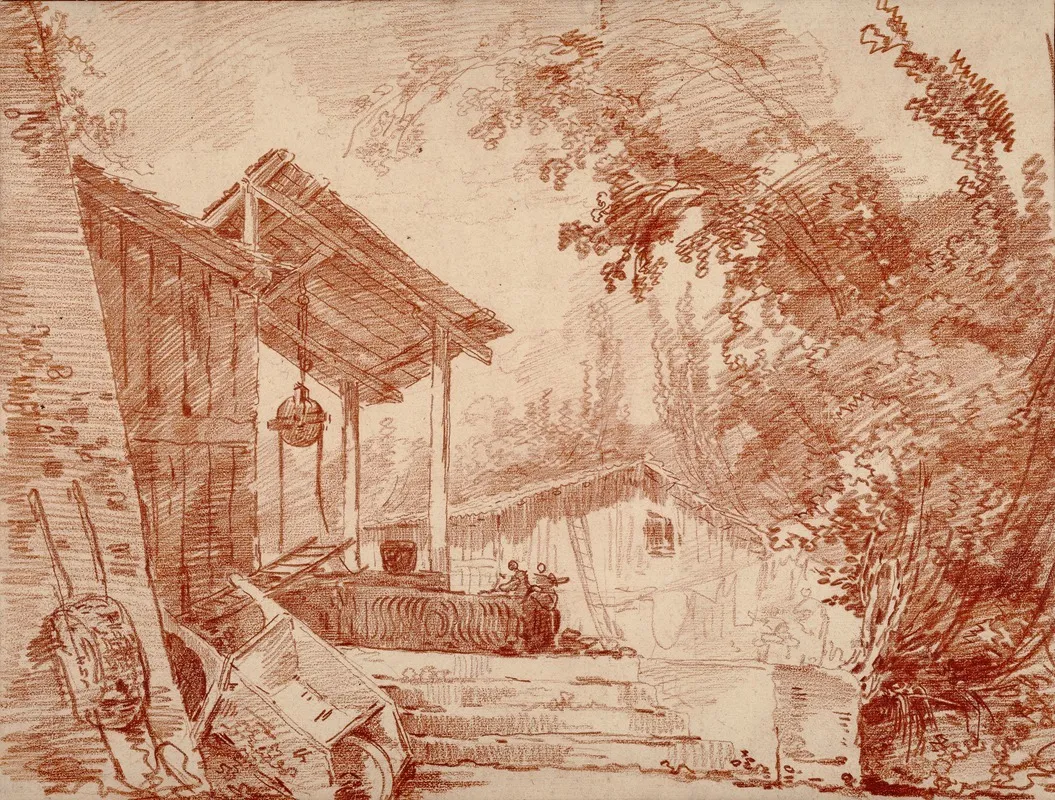 Farmyard With Two Figures By A Well And A Large Wheelbarrow In The Foreground