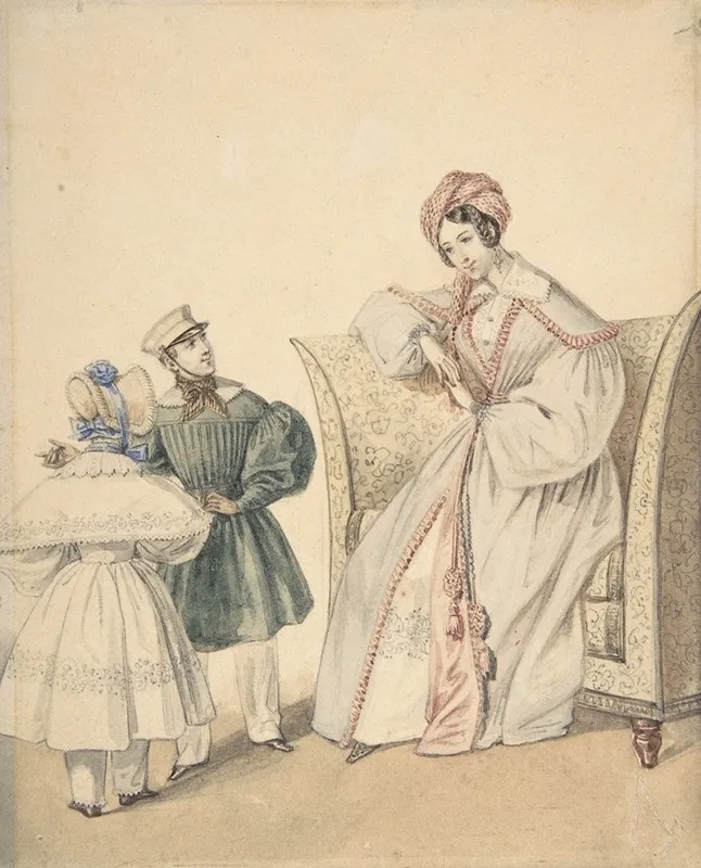 Fashion Drawing With A Woman Seated In A Chair With A Boy And Girl by Pierre-Numa Bassaget - Canvas Print