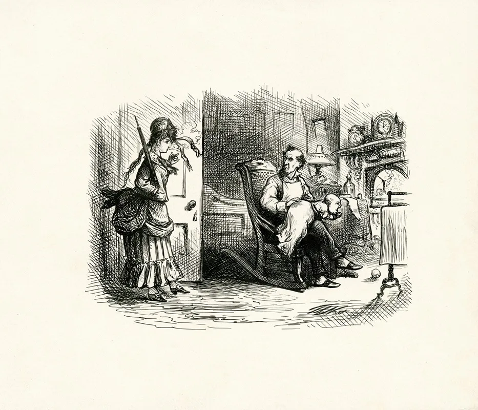 Father Seated In Rocking Chair Infant On His Lap Mother Enters Doorway Holding Cigarette And Parasol