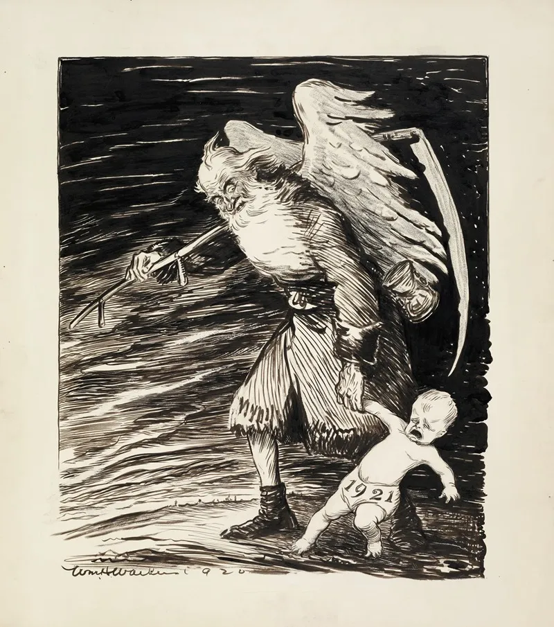 Father Time Pulls A Baby Representing The Year 1921 To Take His Place For The New Year