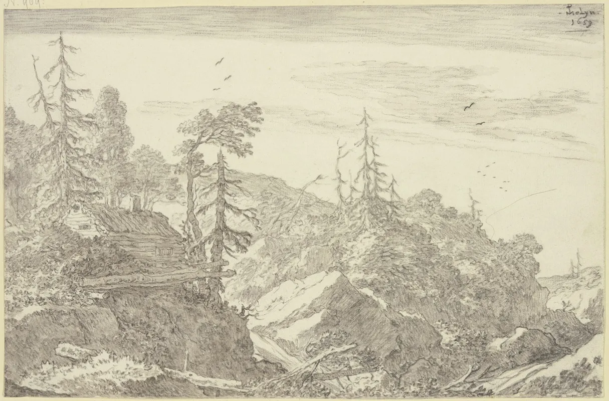 Felsige Gebirgsgegend Mit Tannen Links Auf Einem Felsen Ein Holzhaus by Pieter de Molijn - Canvas Print