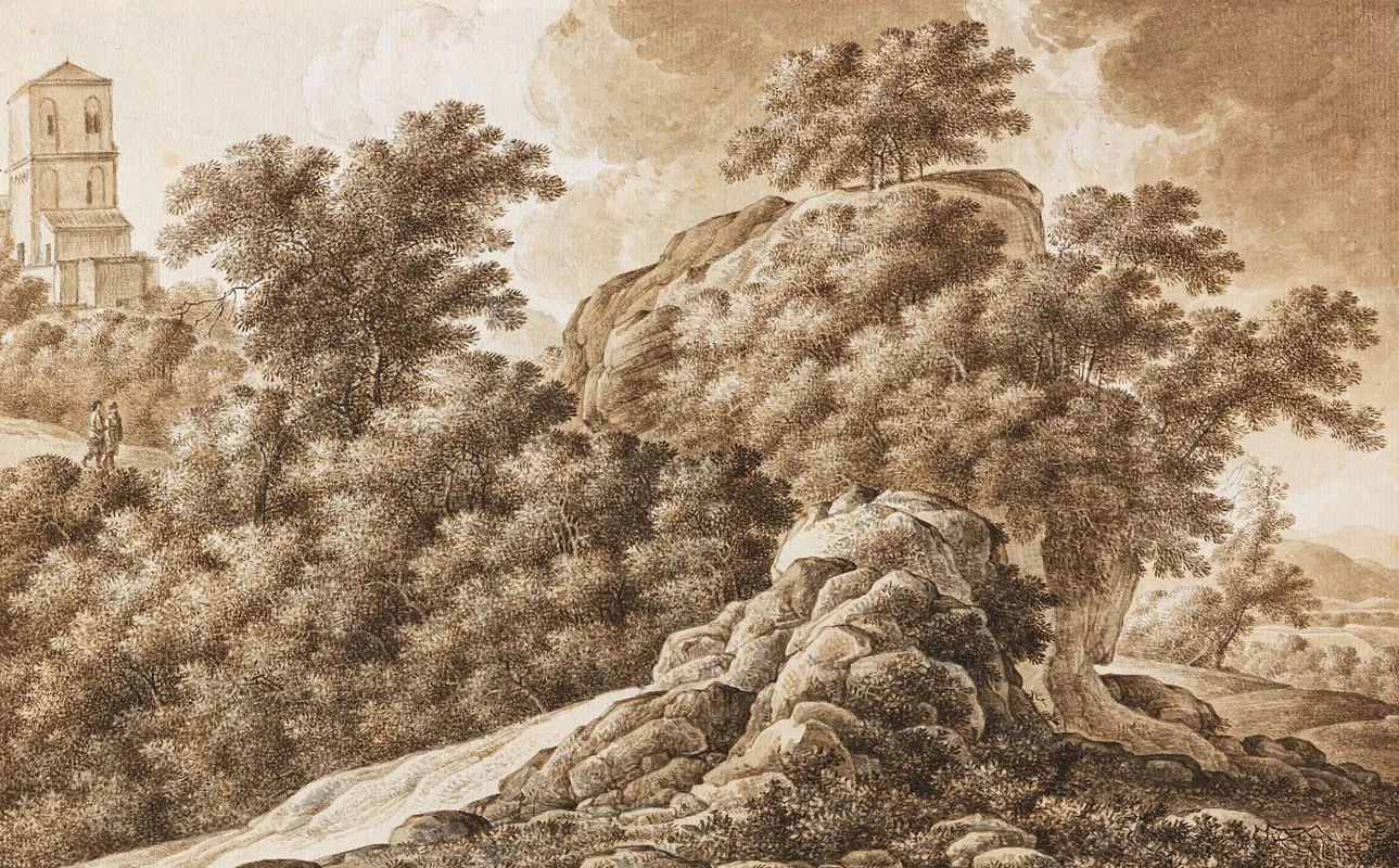 Felsige Landschaft Mit Turm by Franz Kobell - Canvas Print