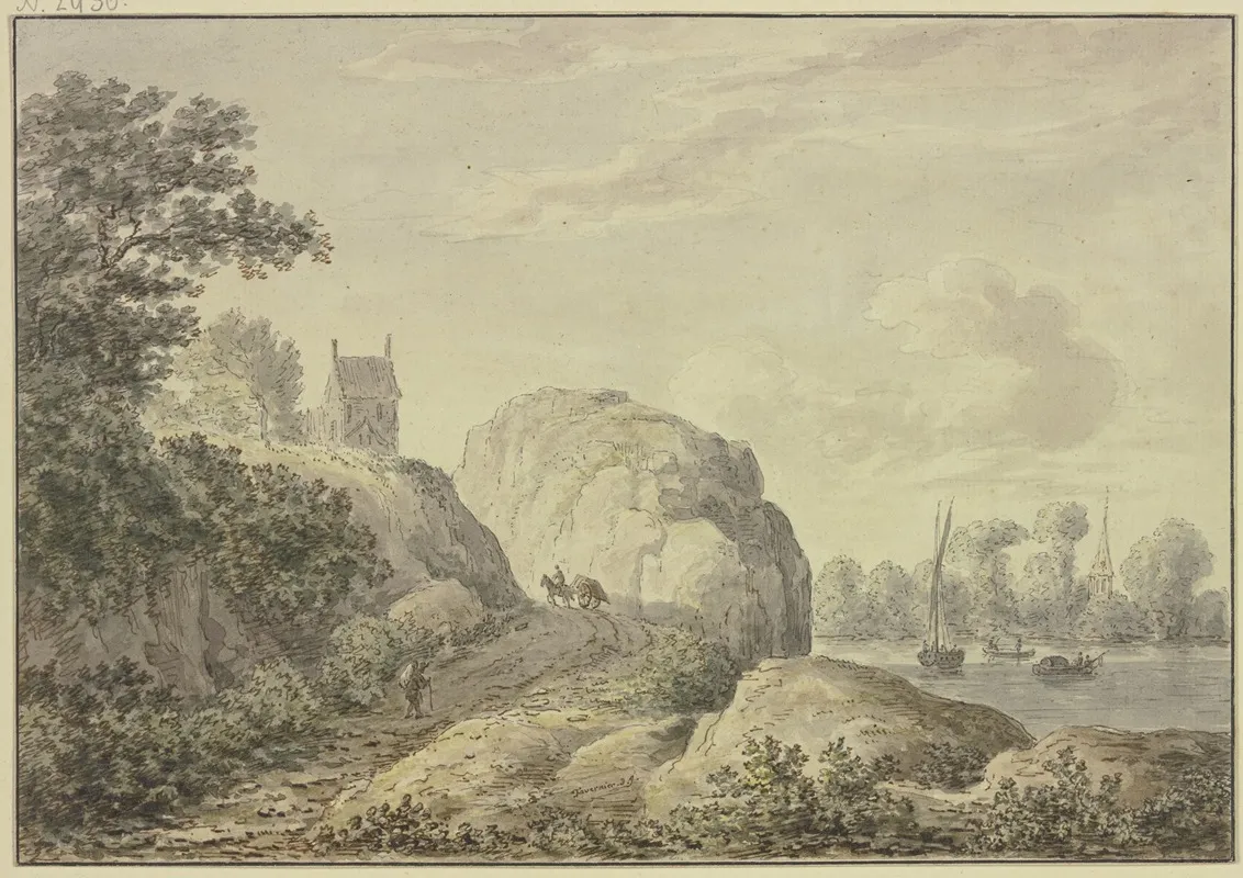 Felsiges Ufer An Einem Flus Links Oben Eine Kapelle by Hendrik Tavenier - Canvas Print