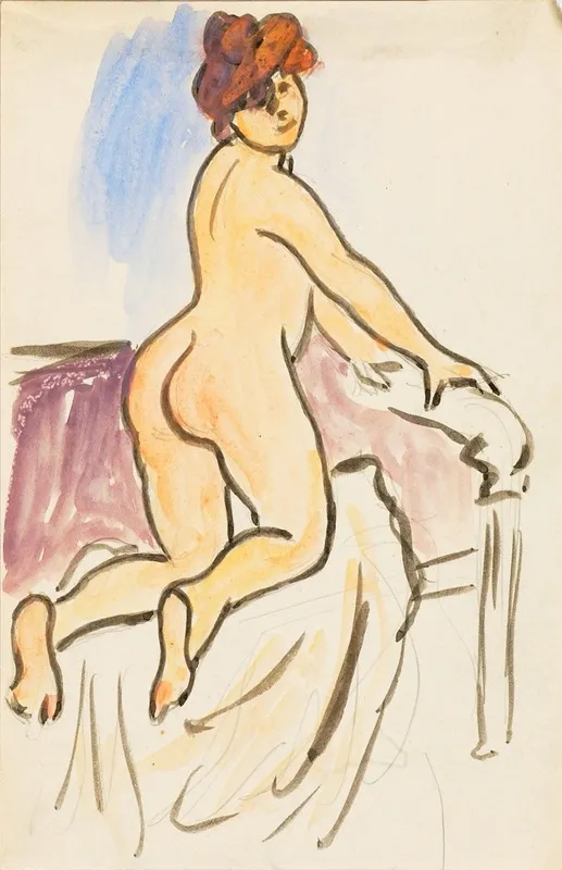 Female Nude Resting On Knees On Bed