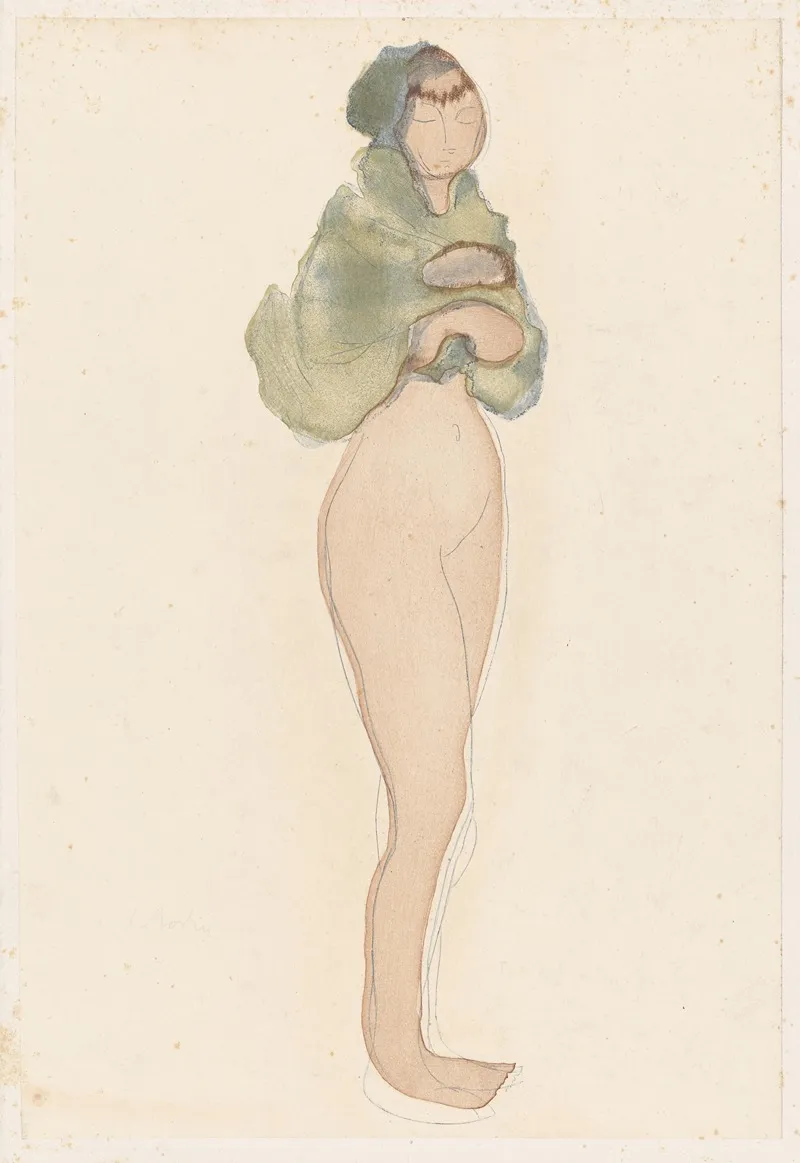 Female Nude Standing Green Wrap Around Shoulders And Head by Auguste Rodin - Canvas Print