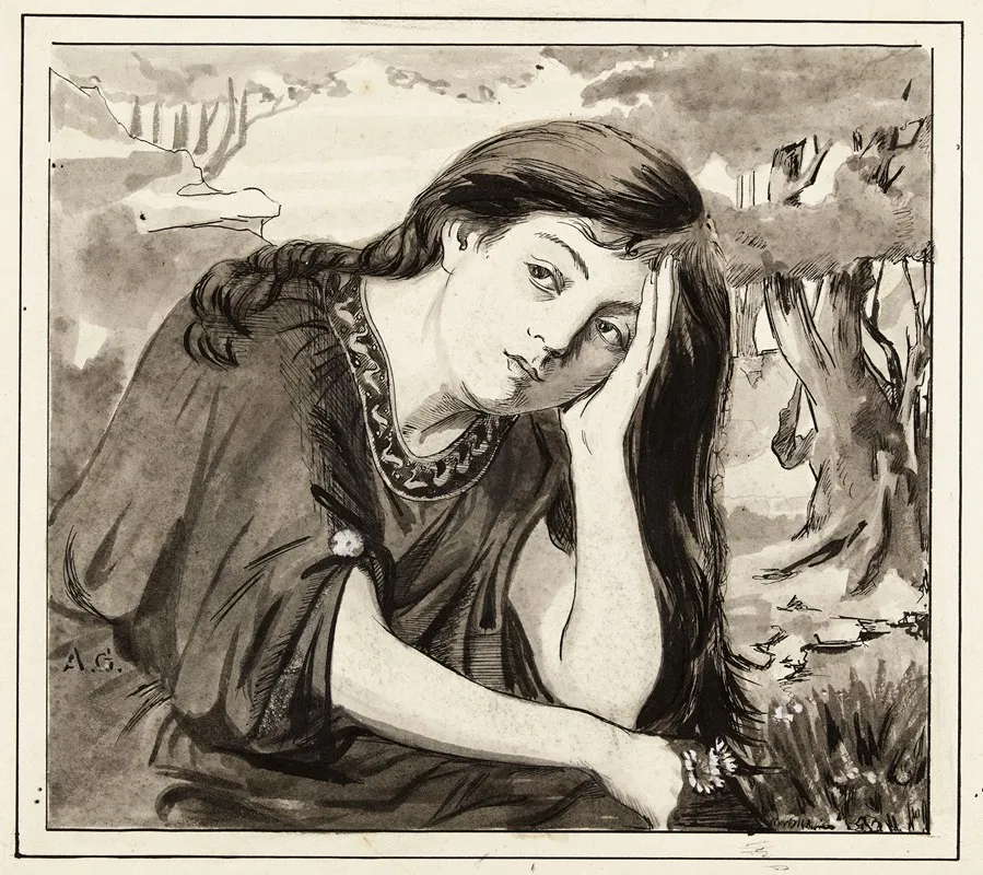 Femme Assise Aux Cheveux Longs La Tete Appuyee Dans La Main Gauche 2
