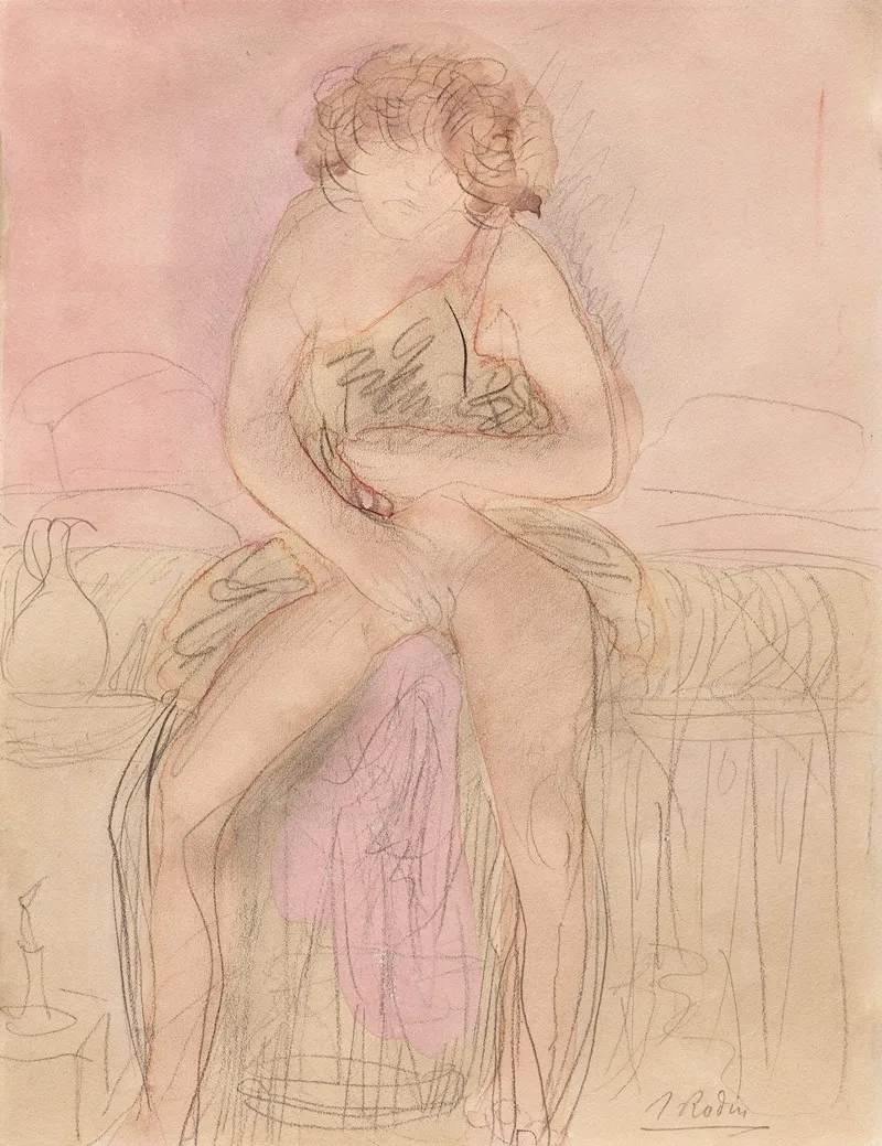 Femme Assise Sur Un Lit Avec Carafe Et Bougeoir