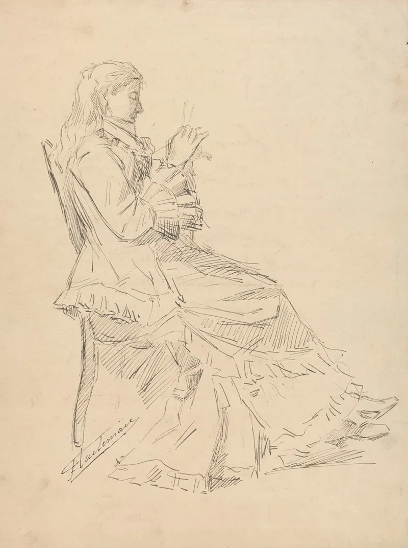 Femme Assise Sur Une Chaise Tricotant De Profil Croquis