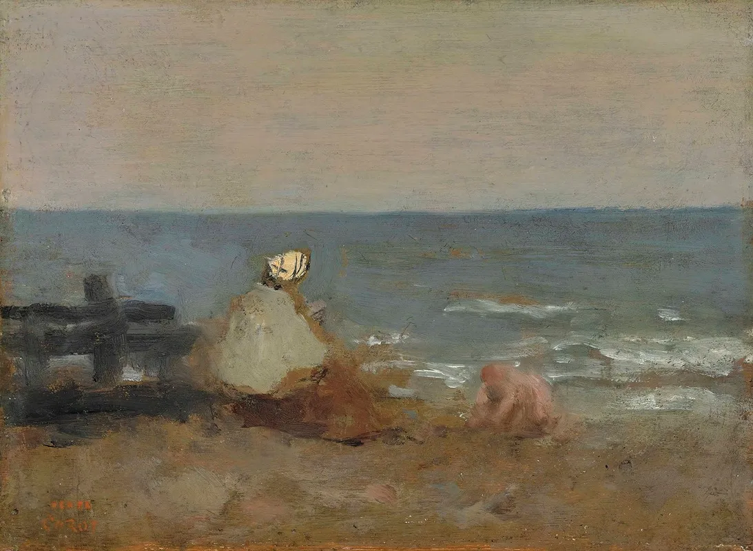 Femme Et Enfant Au Bord De La Mer Etretat