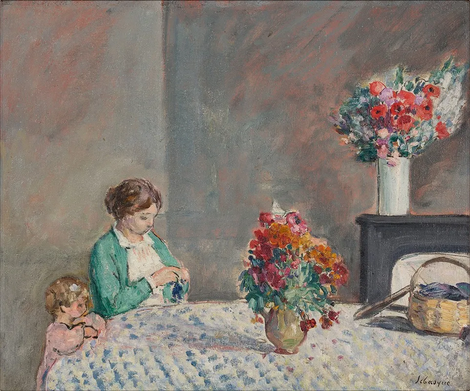 Femme Et Enfant Dans Un Interieur Fleuri by Henri Lebasque - Canvas Print