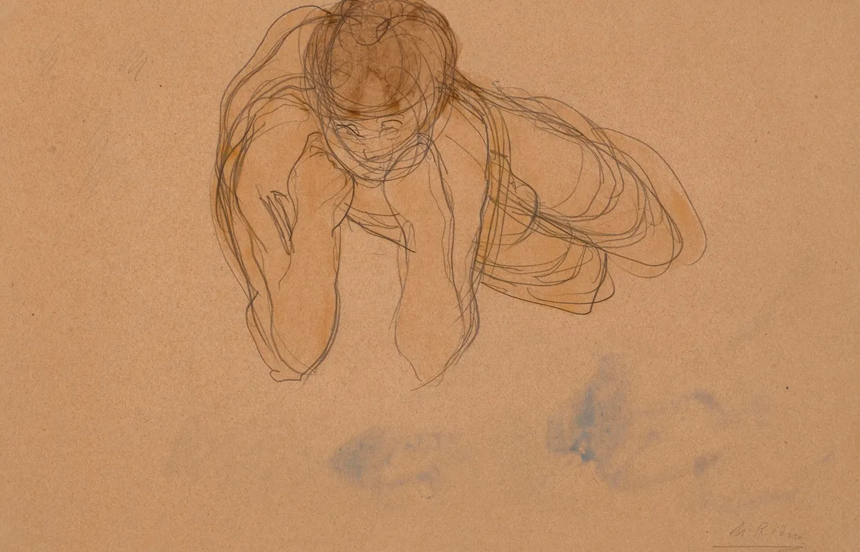 Femme Nue Couchee De Face Sur Le Flanc Droit Accoudee Et Les Poings Au Menton