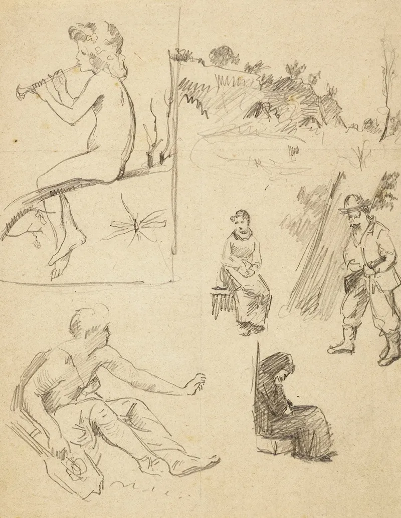 Feuille Avec Six Etudes Dont Un Paysage Deux Femmes Assises Un Chasseur Un Enfant Nu Jouant De La Flute