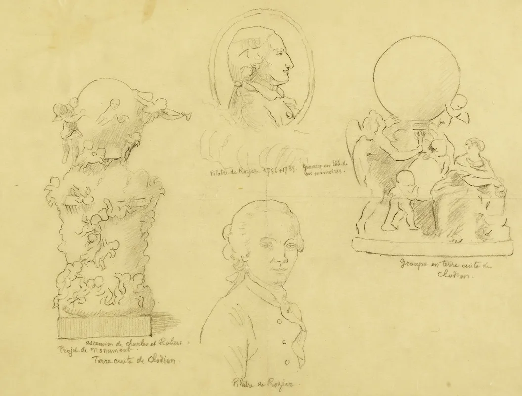 Feuille Detudes Avec Deux Portraits De Pilatre De Rozier Et Deux Terres Cuites De Clodion
