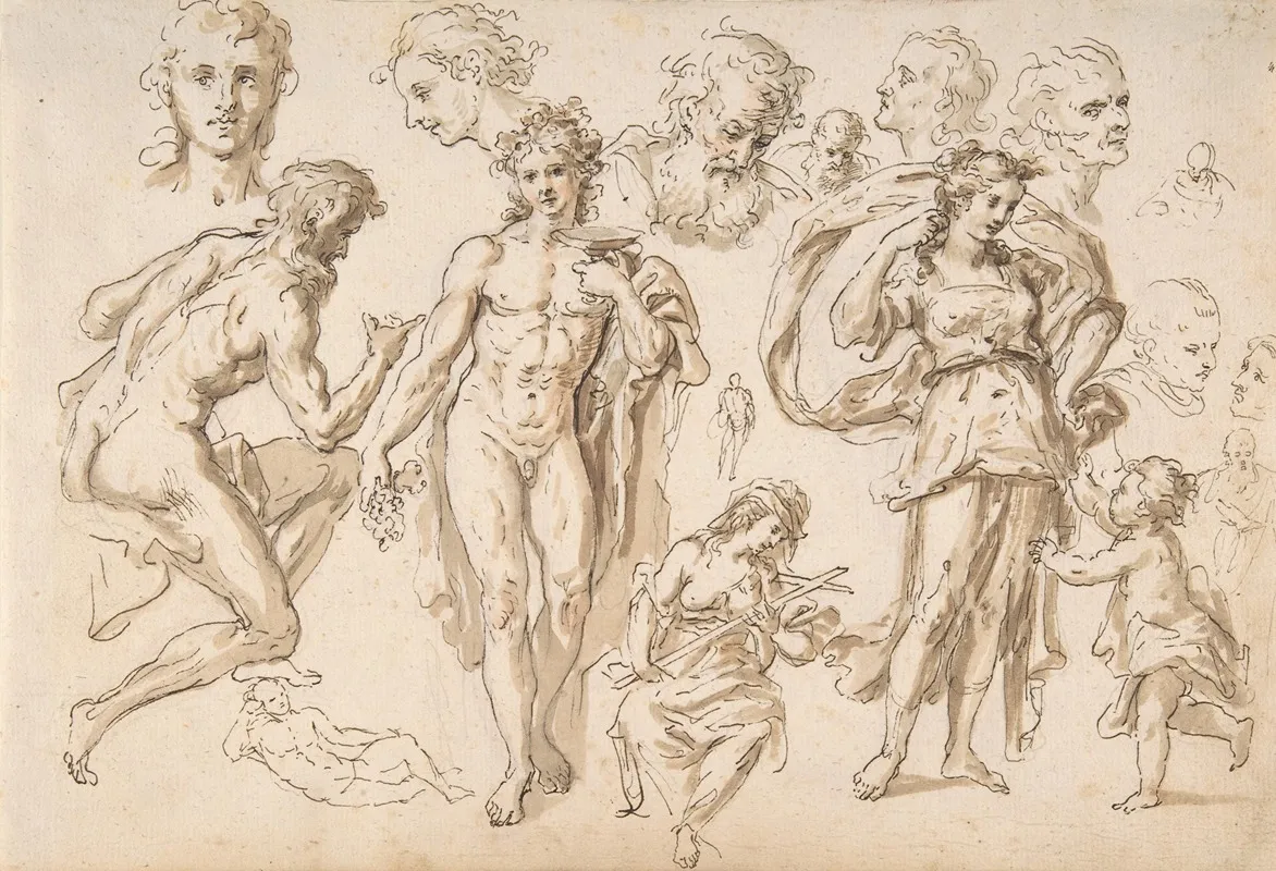 Figure And Head Studies Including Bacchus by Bartholomaeus Ignaz Weiss - Canvas Print