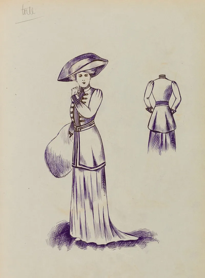 Figure De Femme De Trois Quart Portant Un Manteau Court Sur Robe Longue Un Manchon De Fourrure Et Un Grand Chapeau