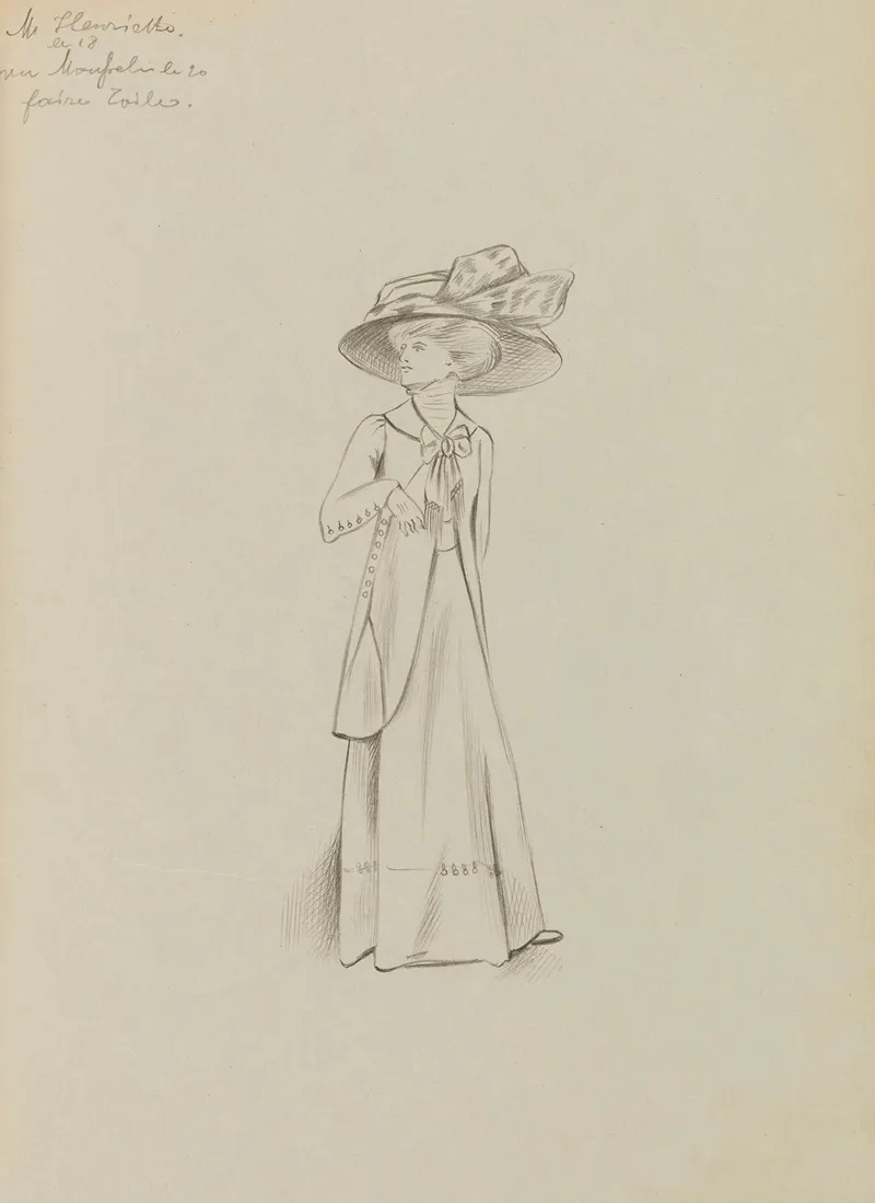 Figure De Femme De Trois Quart Portant Un Manteau Sur Robe Longue Et Un Grand Chapeau 2
