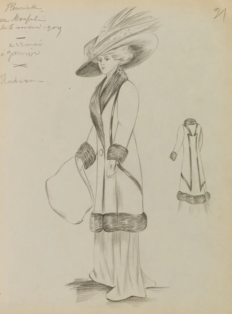 Figure De Femme De Trois Quart Portant Un Manteau Sur Robe Longue Et Un Grand Chapeau 3