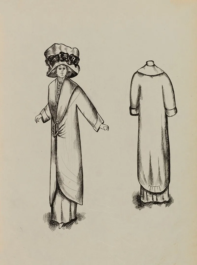 Figure De Femme De Trois Quart Portant Un Manteau Sur Robe Longue Et Un Grand Chapeau 4
