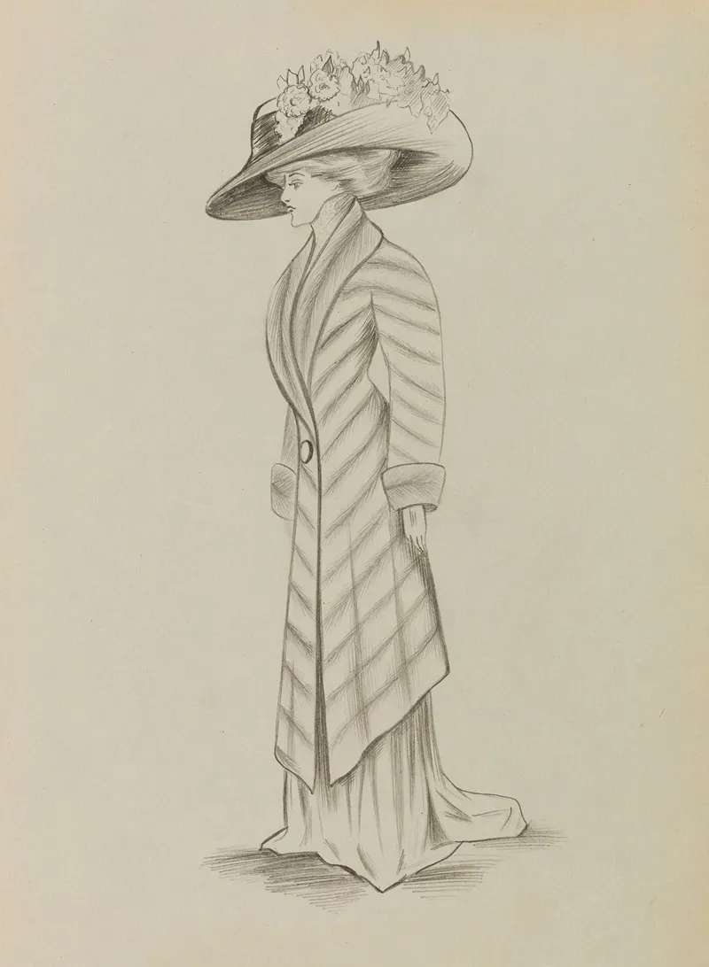 Figure De Femme De Trois Quart Portant Un Manteau Sur Robe Longue Et Un Grand Chapeau 5