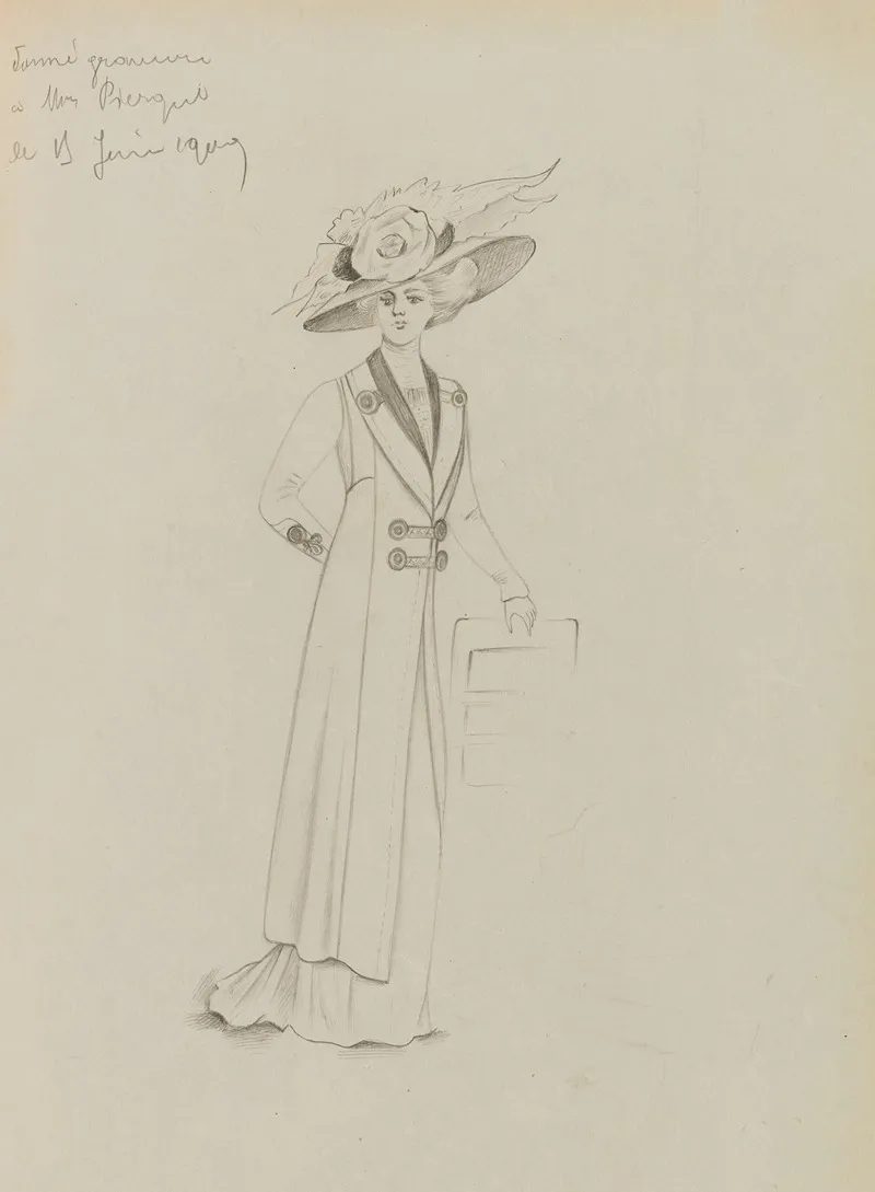 Figure De Femme De Trois Quart Portant Un Manteau Sur Robe Longue Et Un Grand Chapeau 6