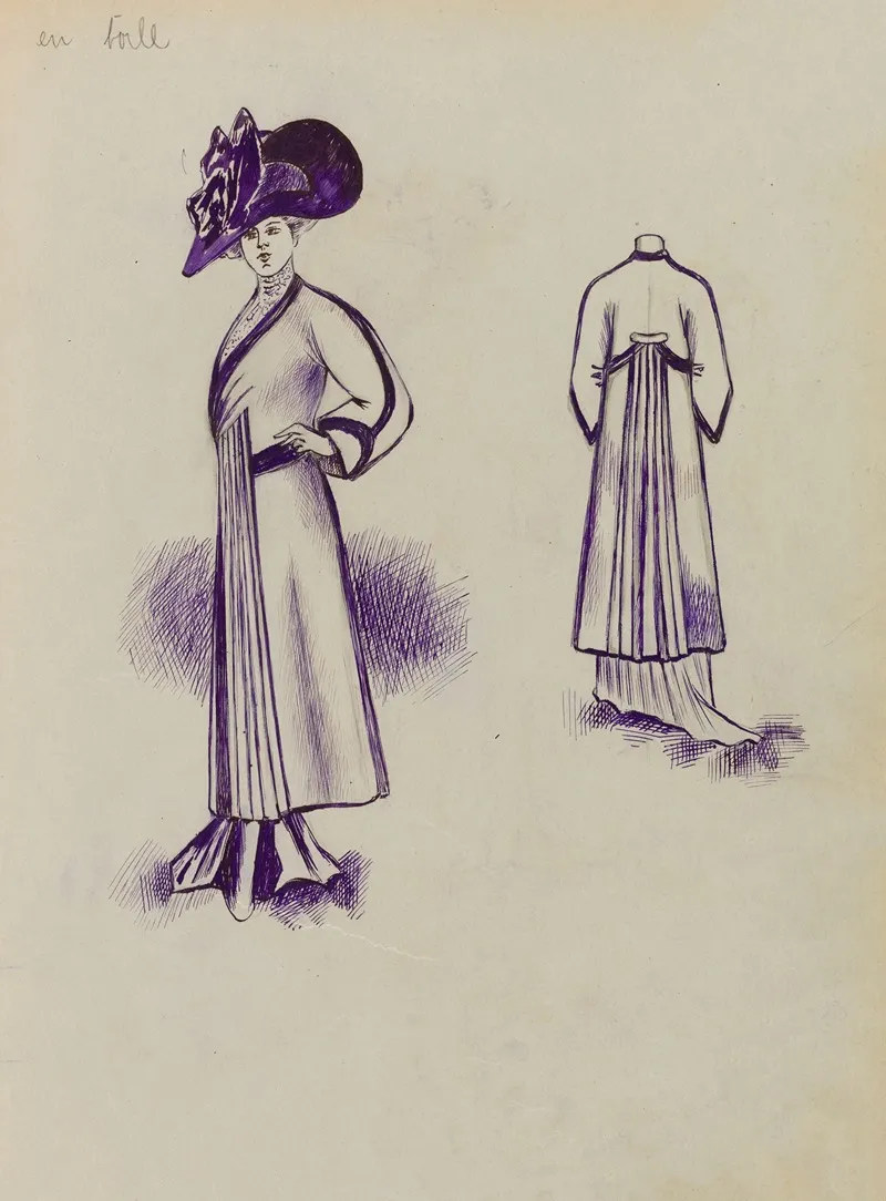 Figure De Femme De Trois Quart Portant Un Manteau Sur Robe Longue Et Un Grand Chapeau 7