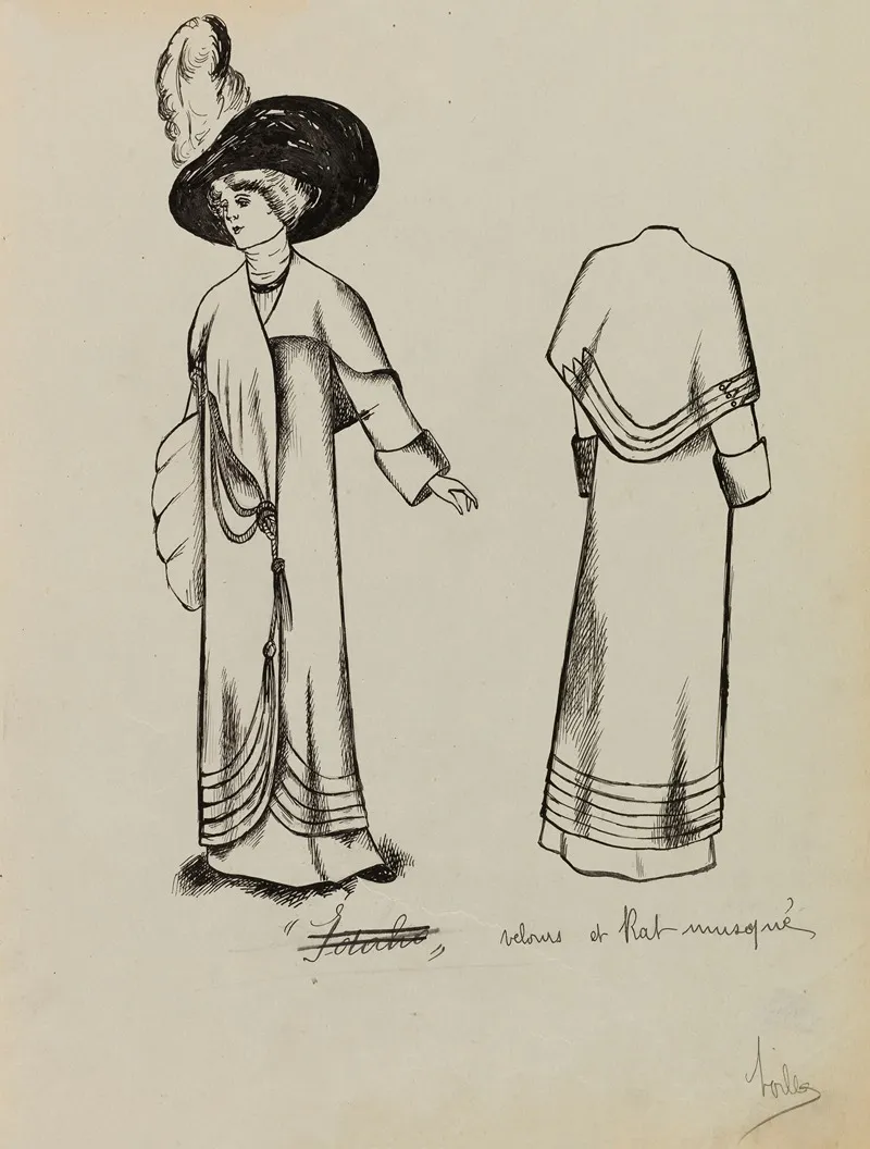 Figure De Femme De Trois Quart Portant Un Manteau Sur Une Robe Longue Et Un Grand Chapeau